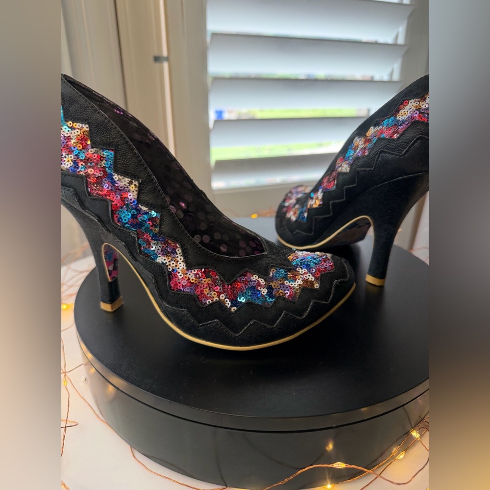 Poetic License by Irregular Choice Women's Black Sequin Zigzag High Heels, 39/8